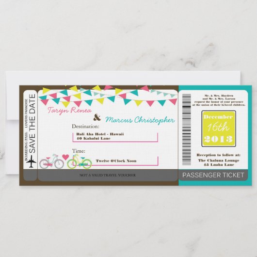 Boarding Pass Linen Wedding Invitation Love Bikes Kaart (Voorkant)