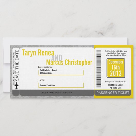 Boarding Pass Linen Wedding Invitation Modern Dama Kaart (Voorkant)