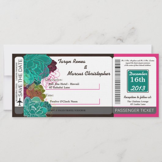 Boarding Pass Linen Wedding Invitation Neon Spring Kaart (Voorkant)