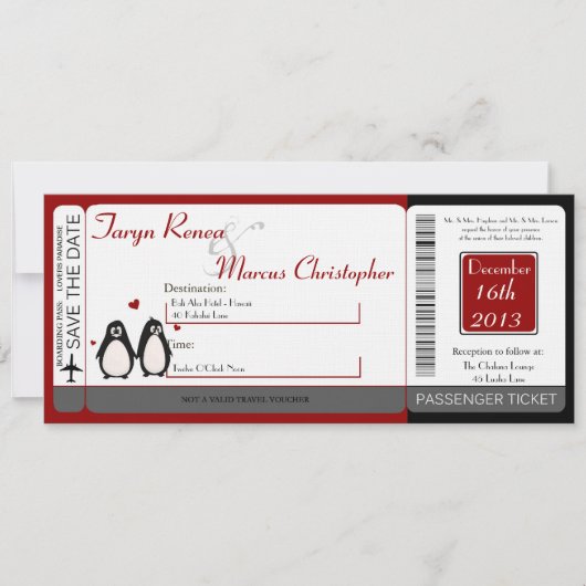 Boarding Pass Linen Wedding Invitation Penguin Lov Save The Date (Voorkant)