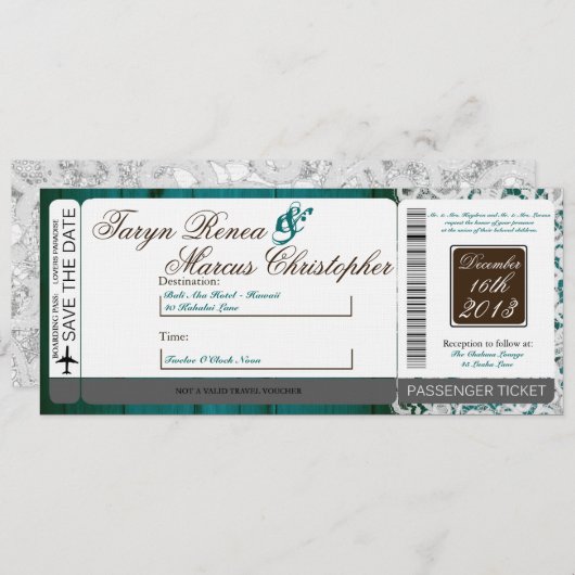 Boarding Pass Linnen bruiloft uitnodiging Blauwgro (Voorkant / Achterkant)