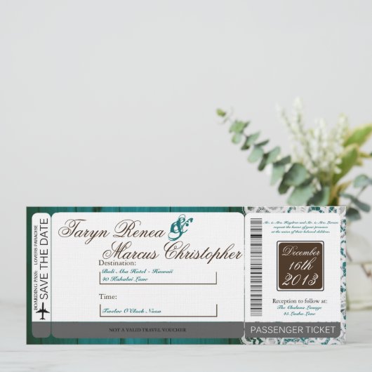 Boarding Pass Linnen bruiloft uitnodiging Blauwgro (Staand voorkant)