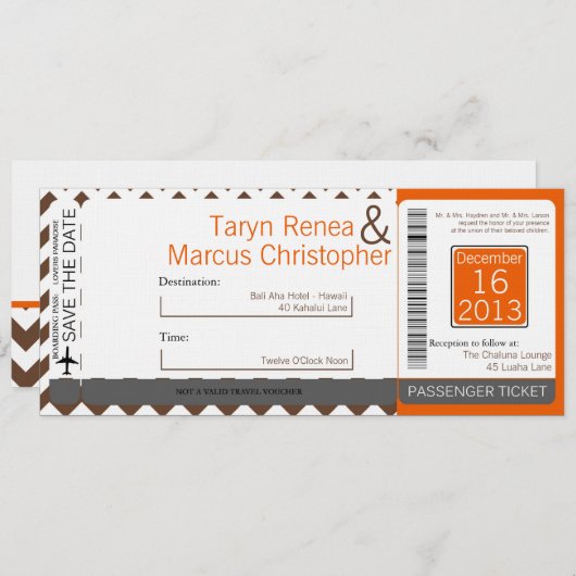 Boarding Pass Linnen bruiloft uitnodiging Bruin Ch (Voorkant / Achterkant)