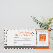 Boarding Pass Linnen bruiloft uitnodiging Bruin Ch (Staand voorkant)