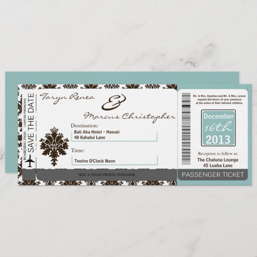 Boarding Pass Linnen bruiloft uitnodiging Bruin Ti (Voorkant / Achterkant)