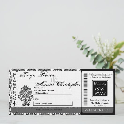 Boarding Pass Linnen bruiloft uitnodiging Damask B (Staand voorkant)