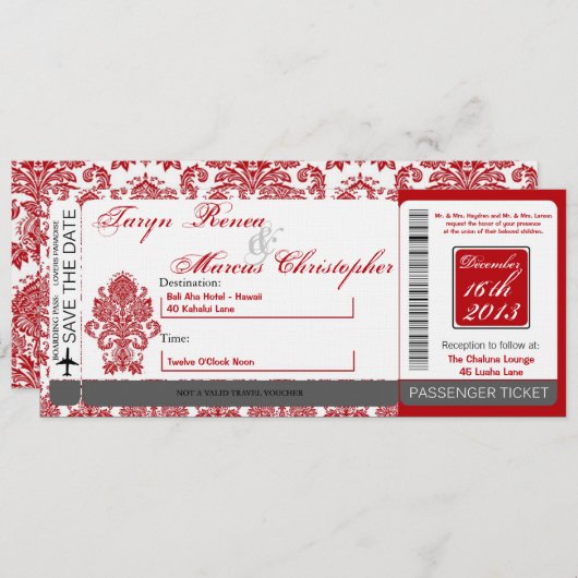 Boarding Pass Linnen bruiloft uitnodiging Damask R (Voorkant / Achterkant)