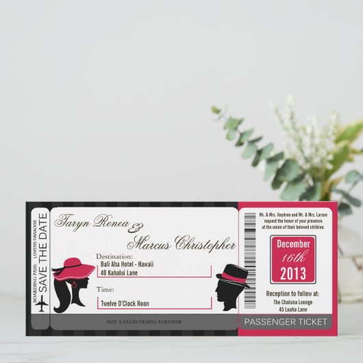 Boarding Pass Linnen bruiloft uitnodiging Formele (Staand voorkant)