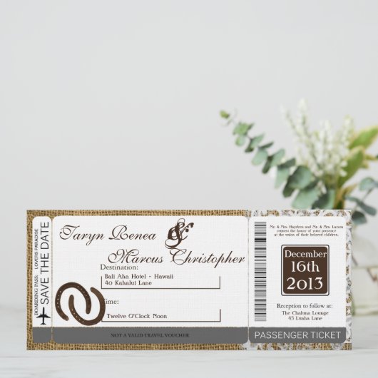 Boarding Pass Linnen bruiloft uitnodiging Hoefijze (Staand voorkant)