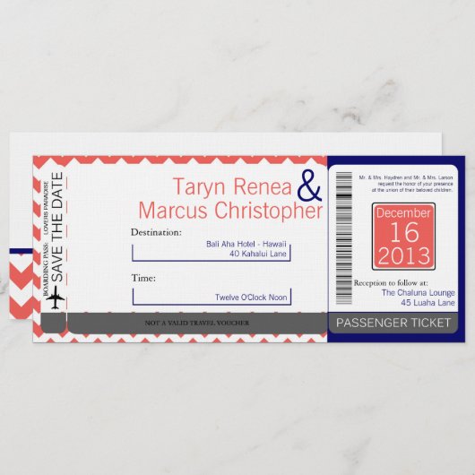 Boarding Pass Linnen bruiloft uitnodiging Koraal C (Voorkant / Achterkant)