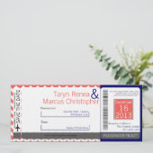 Boarding Pass Linnen bruiloft uitnodiging Koraal C (Staand voorkant)