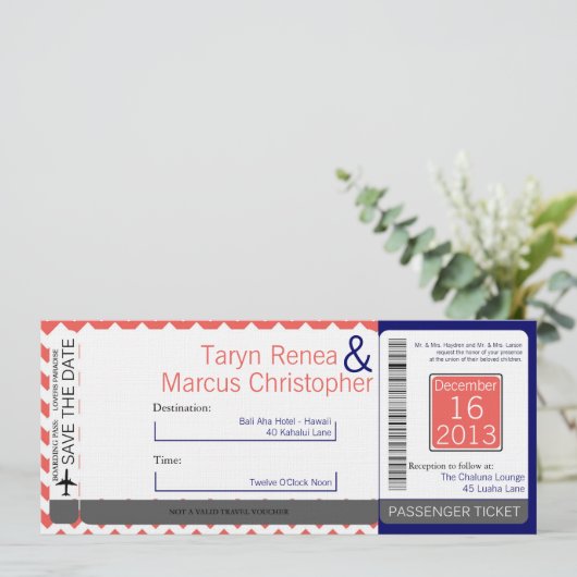 Boarding Pass Linnen bruiloft uitnodiging Koraal C (Staand voorkant)