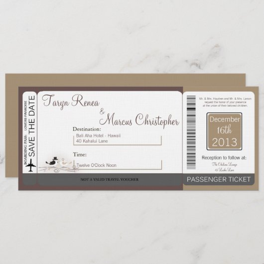 Boarding Pass Linnen bruiloft uitnodiging Vogelpaa (Voorkant / Achterkant)