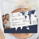 Boarding Pass Navy Blue Kaart Foto Opslaan van de<br><div class="desc">"Love Takes Flight: Boarding Pass Save the Date Cards" Kondig uw liefdesreis aan met onze Boarding Pass Save the Date Cards, een unieke en memorabele manier om uw gasten uit te nodigen om mee te vliegen. Ontworpen om te lijken op echte instapkaarten, bevatten deze kaarten een foto van het paar...</div>