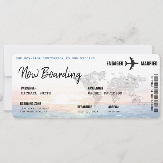 Boarding Pass Ocean Sunset Destination Wedding Kaart (Voorkant)