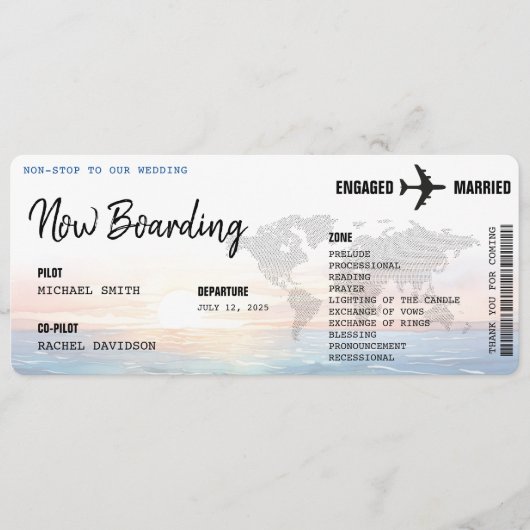Boarding Pass Ocean Sunset Destination Wedding Programmakaart (Voorkant)