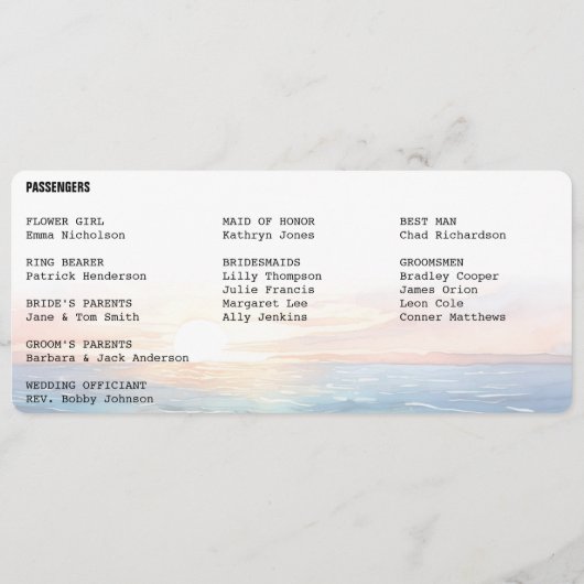 Boarding Pass Ocean Sunset Destination Wedding Programmakaart (Achterkant)