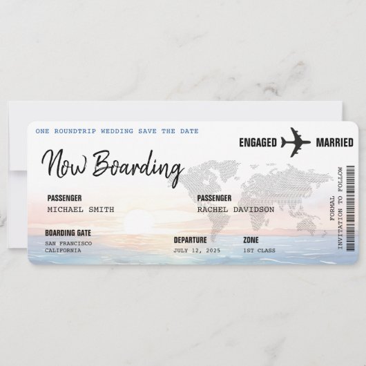 Boarding Pass Ocean Sunset Destination Wedding Save The Date (Voorkant)