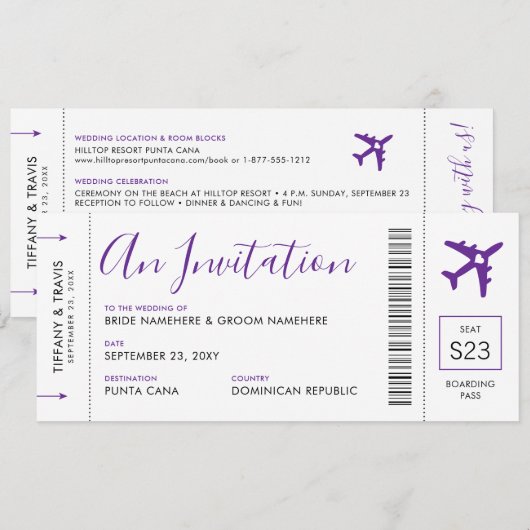 Boarding Pass Plane Ticket Paars Travel Weddenscha Kaart (Voorkant / Achterkant)