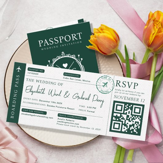 Boarding Pass Reizen Emerald Green Bruiloft Kaart