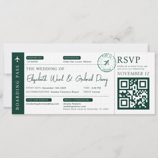 Boarding Pass Reizen Emerald Green Bruiloft Kaart (Voorkant)