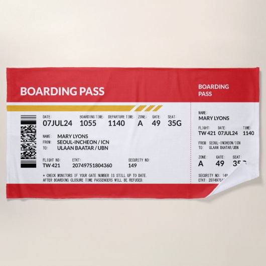 Boarding Pass - Rood Strandlaken (Voorkant)