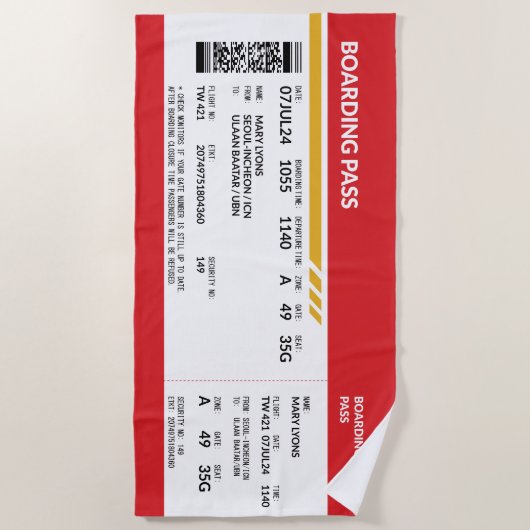 Boarding Pass - Rood Strandlaken (Voorkant)
