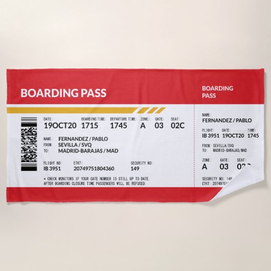 Boarding Pass - Rood Strandlaken (Voorkant)