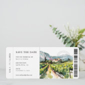 Boarding Pass rustieke wijnmakerij Landschap Bruil Save The Date (Staand voorkant)