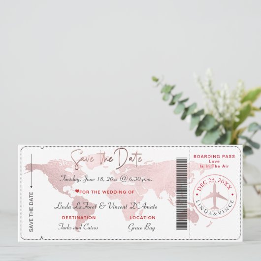 Boarding Pass Save the Date, Blush World Map Kaart (Staand voorkant)