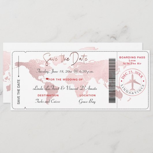 Boarding Pass Save the Date, Blush World Map Kaart (Voorkant / Achterkant)
