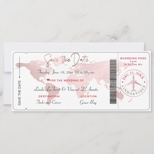 Boarding Pass Save the Date, Blush World Map Kaart (Voorkant)