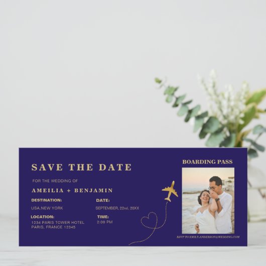 Boarding Pass Save the Date | Destination Wedding Kaart (Staand voorkant)