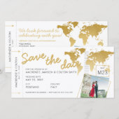 Boarding Pass Save the Date Photo Wereldkaart Gold (Voorkant / Achterkant)