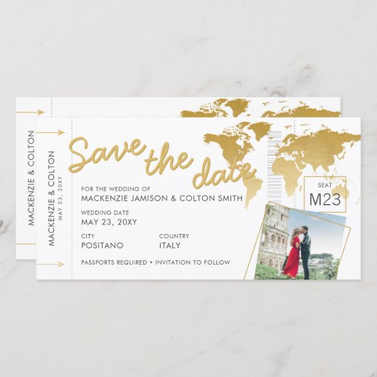 Boarding Pass Save the Date Photo Wereldkaart Gold (Voorkant / Achterkant)