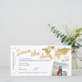 Boarding Pass Save the Date Photo Wereldkaart Gold (Staand voorkant)