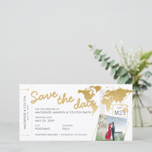 Boarding Pass Save the Date Photo Wereldkaart Gold (Staand voorkant)