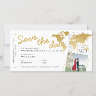 Boarding Pass Save the Date Photo Wereldkaart Gold