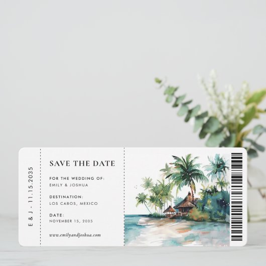 Boarding Pass Strand Tropische Waterverf Bruiloft Save The Date (Staand voorkant)