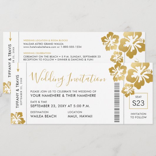 Boarding Pass Ticket Gold Hibiscus Hawaii Weddensc Kaart (Voorkant / Achterkant)