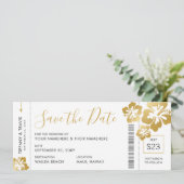 Boarding Pass Ticket Save the Date Gold Hibiscus Aankondiging (Staand voorkant)