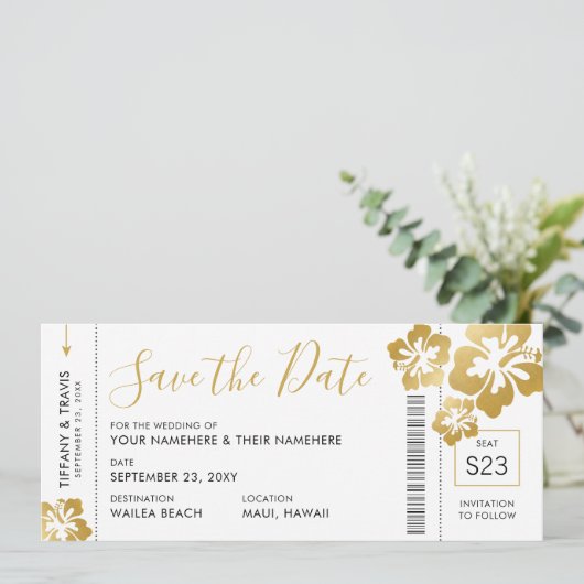 Boarding Pass Ticket Save the Date Gold Hibiscus Aankondiging (Staand voorkant)