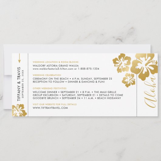 Boarding Pass Ticket Save the Date Gold Hibiscus Aankondiging (Achterkant)