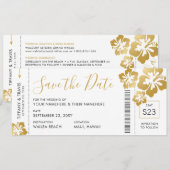 Boarding Pass Ticket Save the Date Gold Hibiscus Aankondiging (Voorkant / Achterkant)