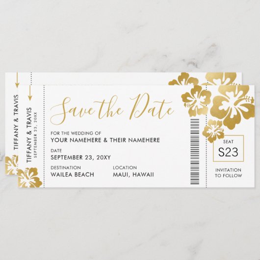 Boarding Pass Ticket Save the Date Gold Hibiscus Aankondiging (Voorkant / Achterkant)