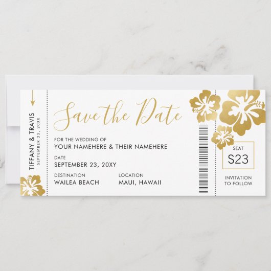 Boarding Pass Ticket Save the Date Gold Hibiscus Aankondiging (Voorkant)