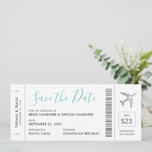 Boarding Pass Ticket Save the Date Silver Plane Aankondiging (Staand voorkant)
