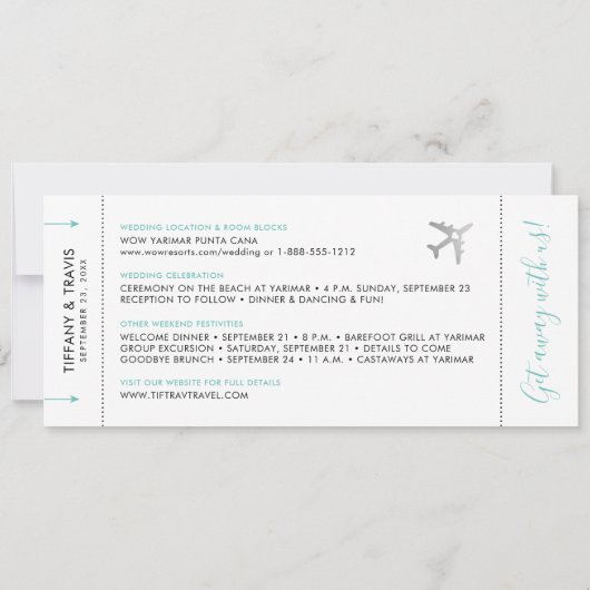 Boarding Pass Ticket Save the Date Silver Plane Aankondiging (Achterkant)