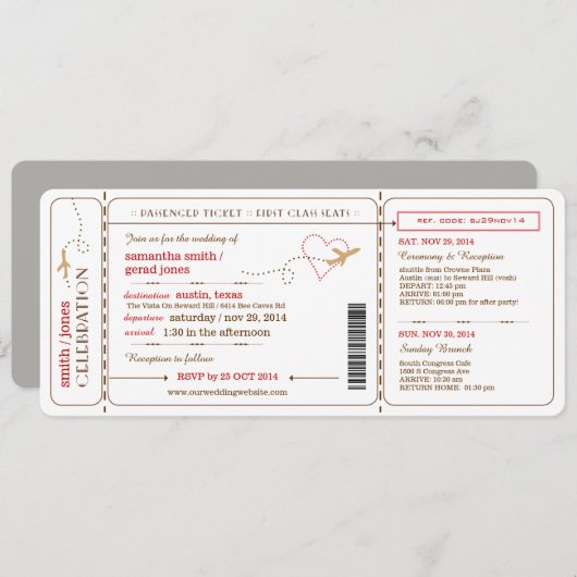 Boarding Pass Ticket Wedding Invitation Kaart (Voorkant / Achterkant)