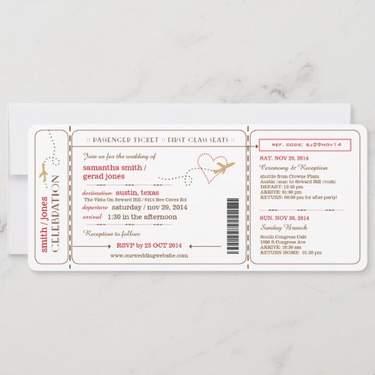 Boarding Pass Ticket Wedding Invitation Kaart (Voorkant)